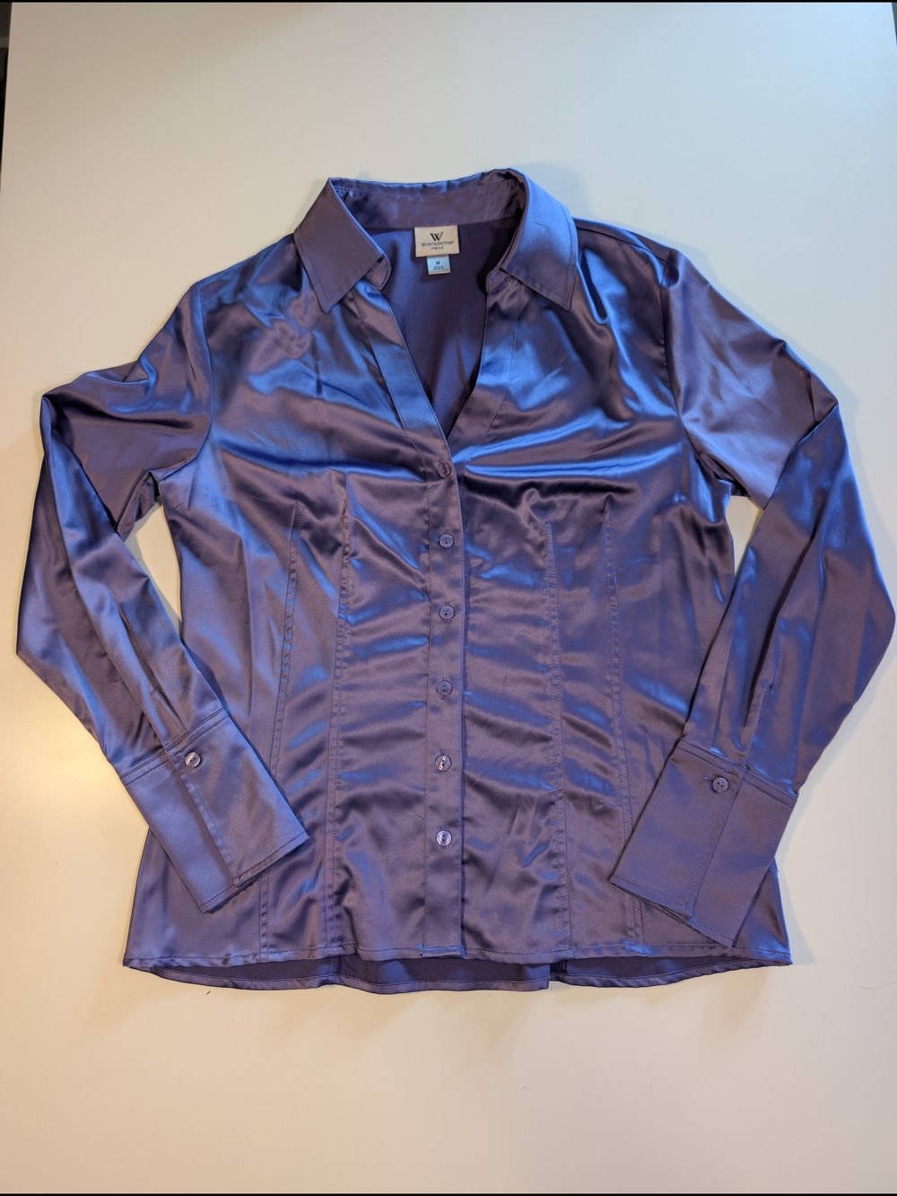 Worthington Stretch Purple Satin Button Down Blouse Shirt Medium